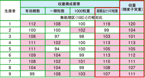 収量および収量構成要素の調査結果の例（2020年）